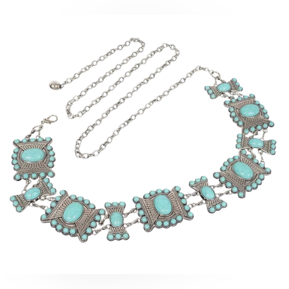 Turquoise Stone Western Concho Boho Chain Belt